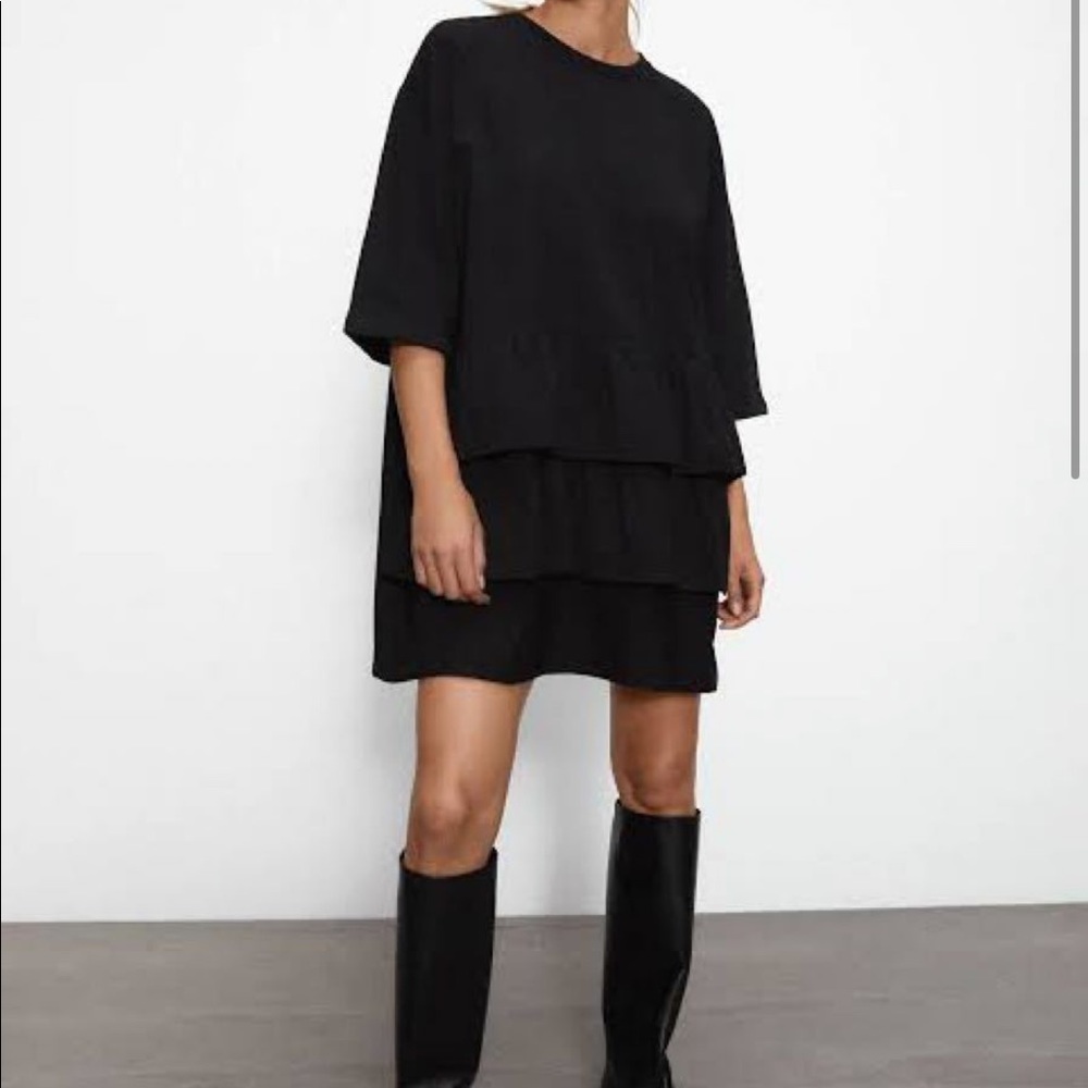 Zara Ruffled Black Combination Dress NWOT
